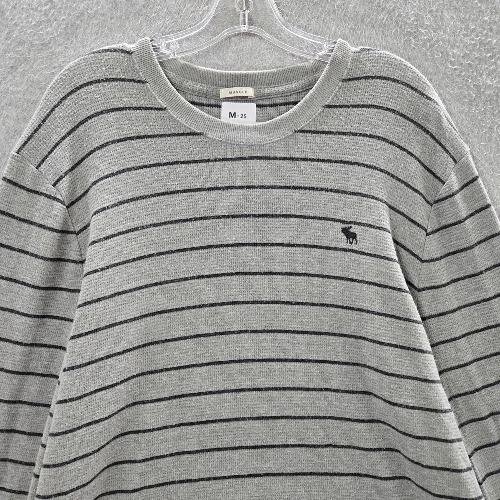 Abercrombie & Fitch Men Sweater 2XL Gray Striped Y2K Muscle Logo Moose Embroider